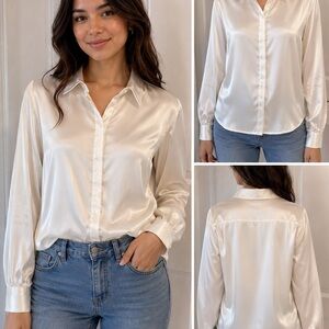 Classic Satin Button-Up Blouse in Ivory
